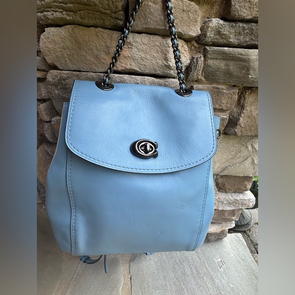 NWT Coach Blue Leather Backpack with Chain Strap Coach Metallic Blue Leather Backpack Purse | Mercari main image 2